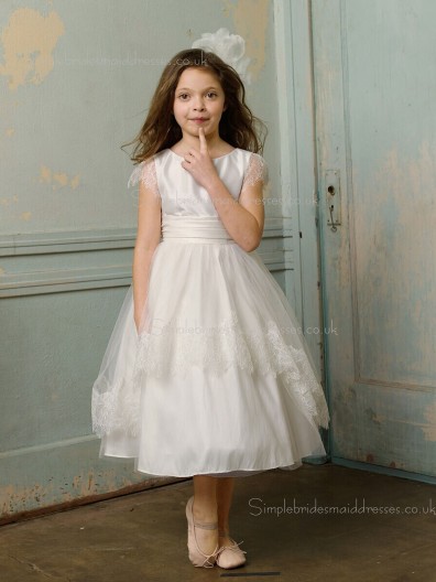 Sleeve Length Satin Scoop Ivory Cap A-line Bowknot / Lace / Tiered Ankle Flower Girl Dress