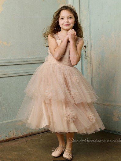 Tea-length Champagne A-line Bowknot / Tiered / Hand Organza Bateau Sleeveless Made Flower Flower Girl Dress