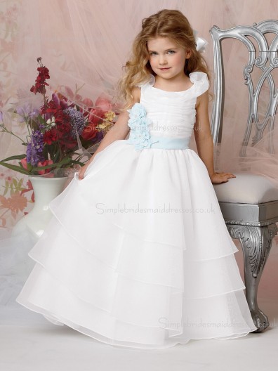 Made Sleeveless Organza Floor-length Flower Hand White A-line Bateau Flower Girl Dress