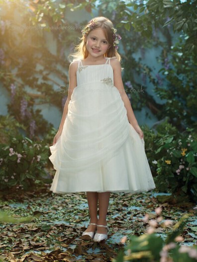 Applique / Beading Tea-length Ivory Sleeveless Bateau Chiffon A-line Flower Girl Dress