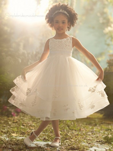 Ivory A-line Tea-length Organza Tiered / Applique / Beading Sleeveless Bateau Flower Girl Dress