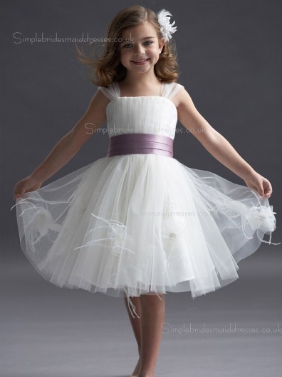 Bateau White Knee-length Organza Flower / Sash Made Sleeveless A-line Tiered / Hand Flower Girl Dress