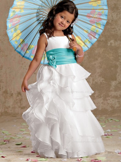 Floor-length Bateau White Organza Column / Sheath Flower / Tiered Sleeveless Hand Made Flower Girl Dress