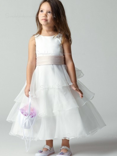 Organza Ankle Tiered / Sash Sleeveless Ivory Bateau Length A-line Flower Girl Dress