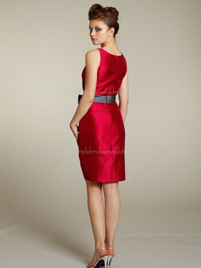 Sleeveless Red Bow Bateau Short-length Satin A-line Zipper Natural Bridesmaid Dress