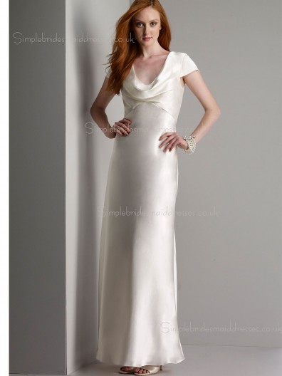 Elastic Silk-like Satin Zipper High Neck Floor-length Empire Cap Sleeve Champagne Split A-line Bridesmaid Dress