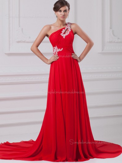 Red Zipper Chiffon A-line Sweep Empire Sleeveless Beading/Ruffles One Shoulder Bridesmaid Dress