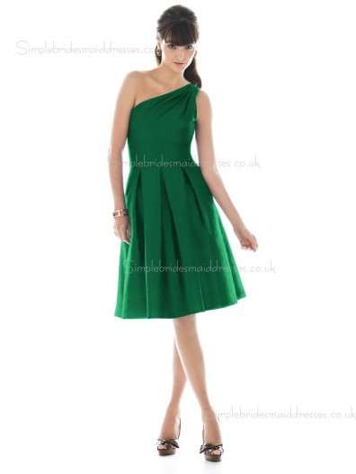 Knee-length One Shoulder Draped Backless A-line Natural Satin Sleeveless Dark Green Bridesmaid Dress