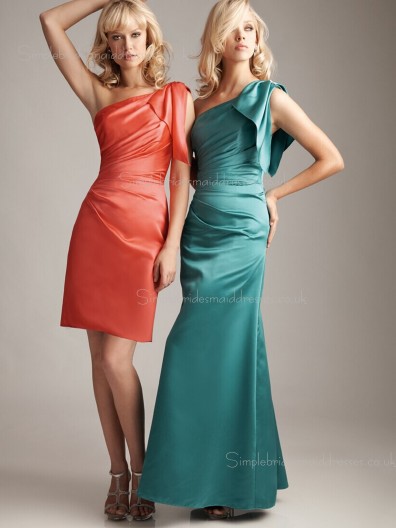 Dropped One Shoulder Split/Ruched Zipper Column Sheath Satin Sleeveless Bridesmaid Dress