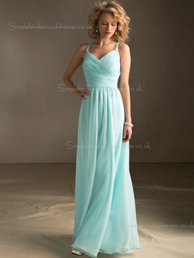 Floor-length A-line V-neck Zipper Beading Dropped Sleeveless Chiffon Blue Bridesmaid Dress