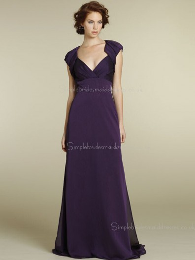 Empire A-line Zipper V-neck Sash Grape Sweep Cap Sleeve Chiffon Bridesmaid Dress