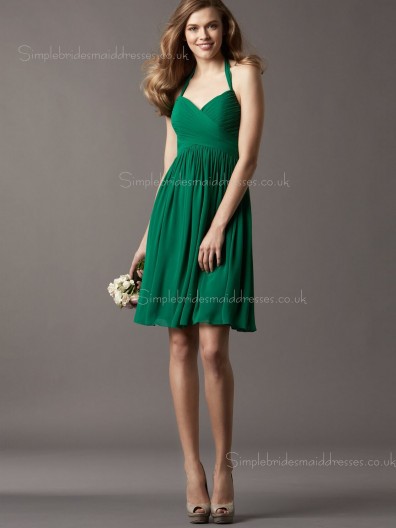 Empire Chiffon Draped Zipper A-line Knee-length Dark Green Halter Sleeveless Bridesmaid Dress