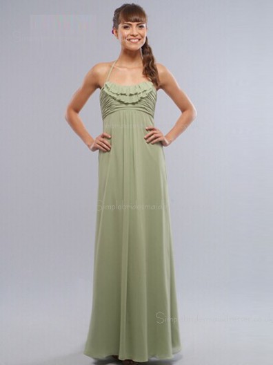 Zipper Sage Sleeveless Bateau Column Sheath Chiffon Floor-length Empire Ruffles/Tiered Bridesmaid Dress