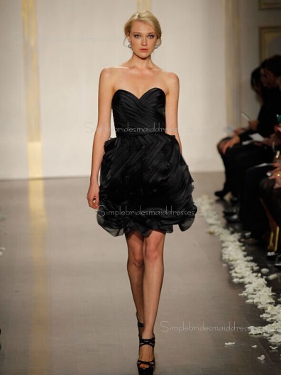 Sweetheart Zipper Short-length Tiered Organza Natural Sleeveless A-line Black Bridesmaid Dress