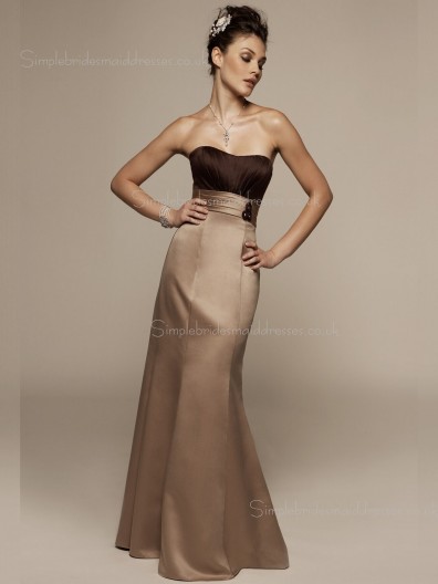 Column Sheath Sleeveless Bateau Empire Chocolate Satin Floor-length Ruffles Zipper Bridesmaid Dress