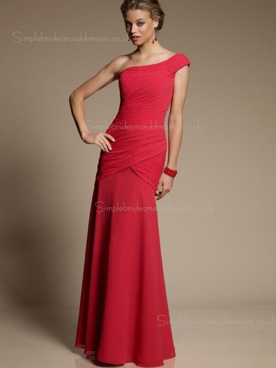 Sleeveless Zipper One Shoulder Dropped Red Draped Column Sheath Chiffon Floor-length Bridesmaid Dress