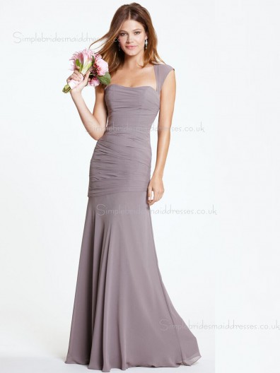 Ruched Sleeveless Floor-length Chiffon A-line Light Slate Gray Dropped Bateau Backless Bridesmaid Dress