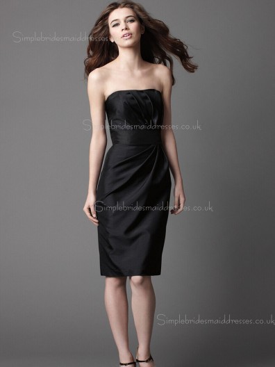 Black Sleeveless Empire Bateau Satin Knee-length Column Sheath Draped Zipper Bridesmaid Dress