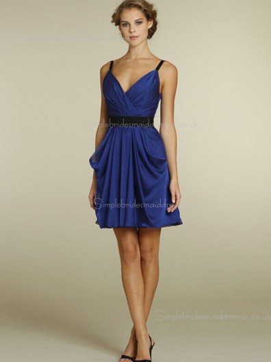 Satin Zipper Sleeveless Royal Blue A-line Empire V-neck Short-length Ruffles Bridesmaid Dress