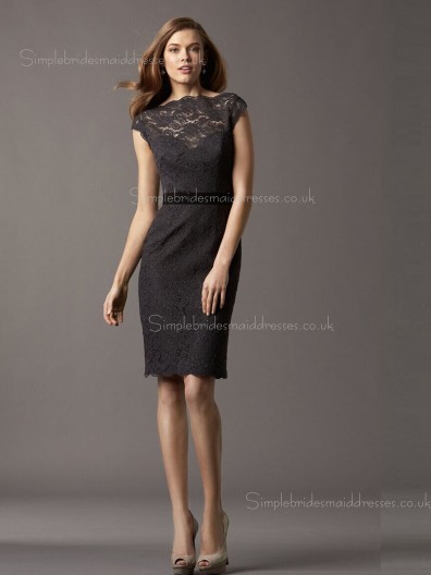 Zipper Cap Sleeve Bateau Black Natural Column Sheath Applique/Sash Lace Short-length Bridesmaid Dress