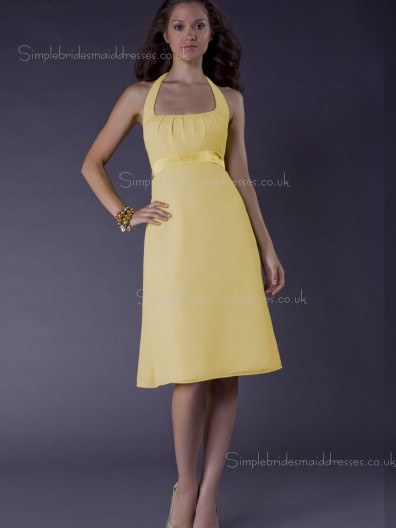 A-line Daffodil Satin Sash Zipper Bateau Empire Sleeveless Knee-length Bridesmaid Dress