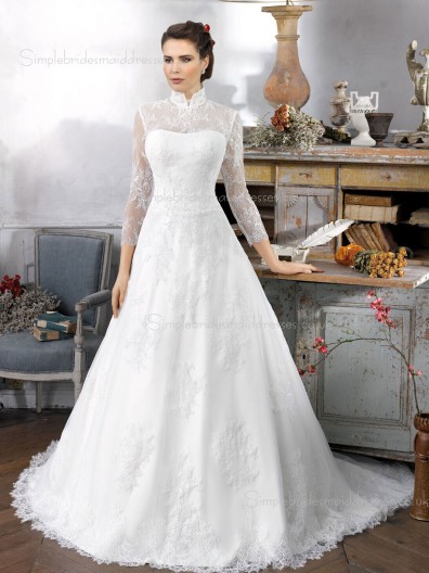 White Neck Sleeve A-line Long Chapel Applique High Lace Wedding Dress
