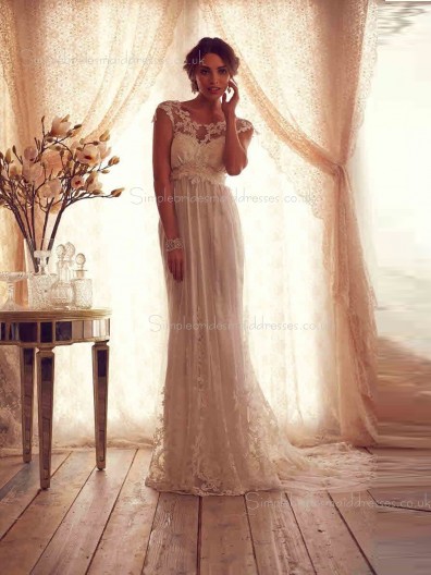 Applique / Bowknot Lace Ivory Cathedral Column / Sheath Sweetheart Cap Sleeve Wedding Dress