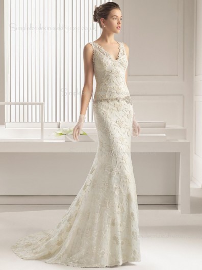 Ivory Sweep Lace Sleeveless Applique / Beading Mermaid V-neck Wedding Dress