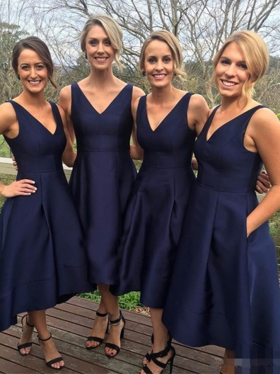 Girls Simple V-Neck A-Line High Low Bridesmaid Dress