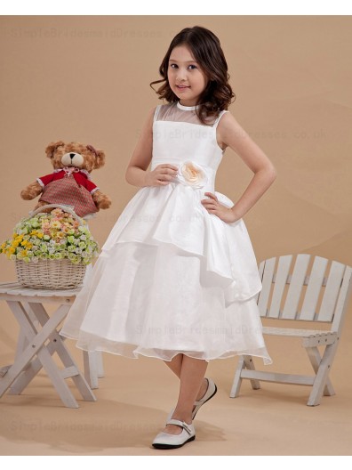 Sleeveless Scoop Tea Length Satin/Organza Zipper Applique Ivory Ball Gown Flower Girl Dress