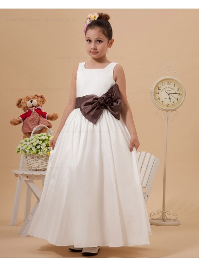 Square Ivory Belt/Bow Sleeveless Ankle Length Zipper A line Taffeta Flower Girl Dress