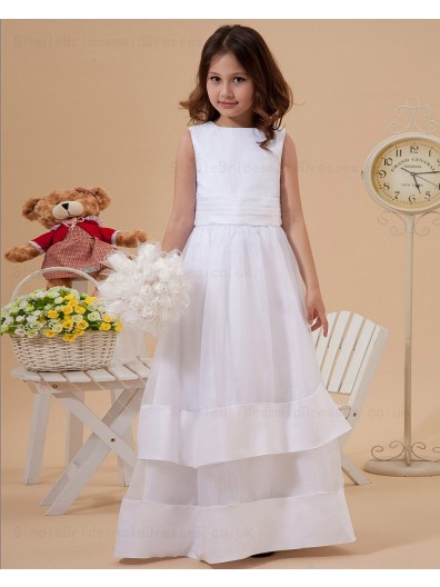 A line Sleeveless Organza/Satin Scoop Ivory Floor length Zipper Sash/Bow Flower Girl Dress