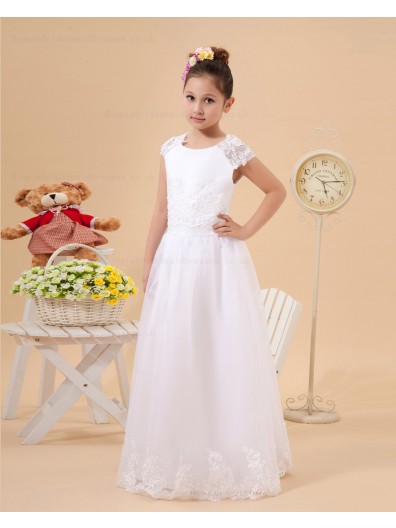 Cap sleeve Ivory Floor length Lace/Applique A line Satin/Organza Scoop Zipper Flower Girl Dress