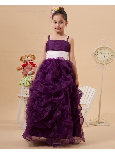 Floor length Sleeveless Zipper Spaghetti Straps Grape Sash Ball Gown Organza/Satin Flower Girl Dress