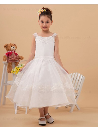 White Ankle Length A line Sleeveless Applique Zipper Bateau Chiffon/Organza Flower Girl Dress