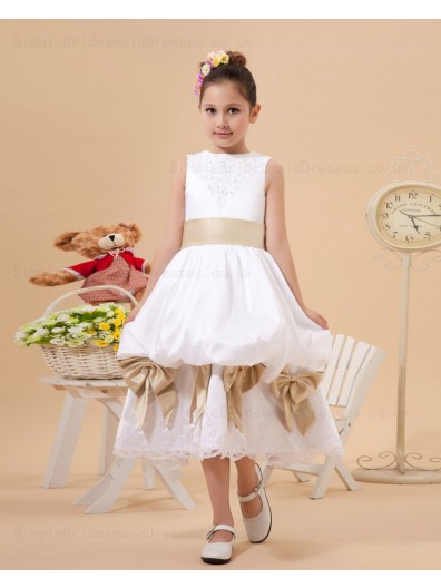 A line Ankle Length Sleeveless Satin/Lace Scoop Sash/Bow/Lace White/Champagne Zipper Flower Girl Dress