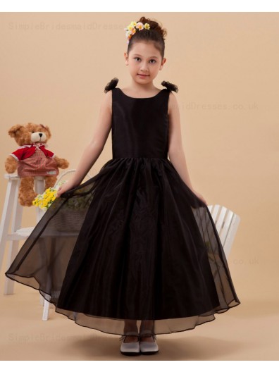 Bateau A line Satin/Organza Sleeveless Dark Zipper Coffee Ankle Length Bow/Hand Made Flower Flower Girl Dress