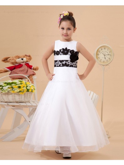 Beading/Hand Made Flower/Sash Zipper Floor length Ivory Satin/Tulle/Lace A line Sleeveless Scoop Flower Girl Dress