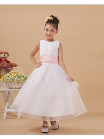 Hand Made Flower/ Belt Scoop Satin/Organza White Ankle Length A line Zipper Sleeveless Flower Girl Dress