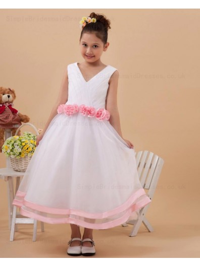 V neck Hand Made Flower Zipper White Tulle Ankle Length Sleeveless A line Flower Girl Dress