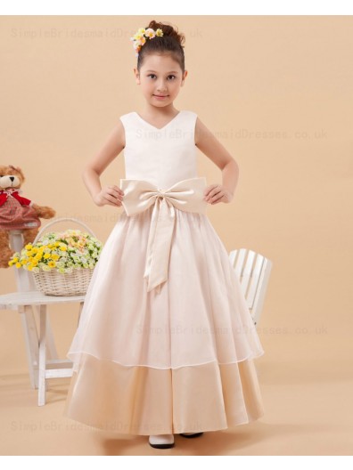 Organza/Satin Sleeveless Bow/Ruffles Zipper A line Floor length V neck White Flower Girl Dress