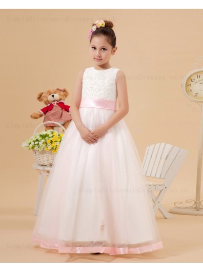 Applique Zipper White Organza Sleeveless Ball Gown Scoop Floor length Sash Flower Girl Dress