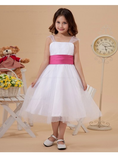 Square Sleeveless Ruffle/Belt Zipper A line Organza White Tea Length Flower Girl Dress