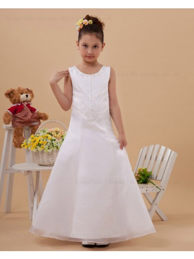 Floor length Beading A line Sleeveless Zipper Scoop Satin Ivory Flower Girl Dress