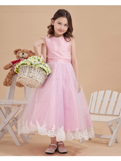 Ankle Length Sleeveless Ruffle/Applique/Bow A line Pink Zipper Satin/Tulle Scoop Flower Girl Dress