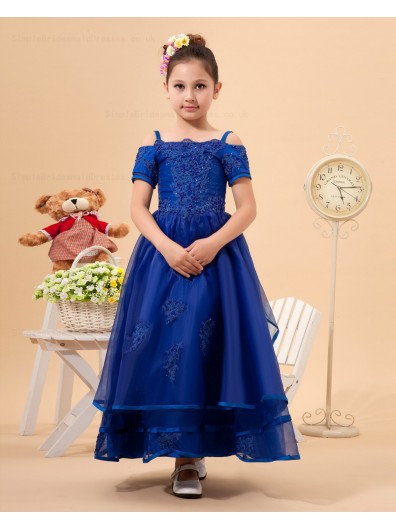 Blue A line Floor length Zipper Organza Spaghetti Straps Applique/Beading Sleeveless Flower Girl Dress