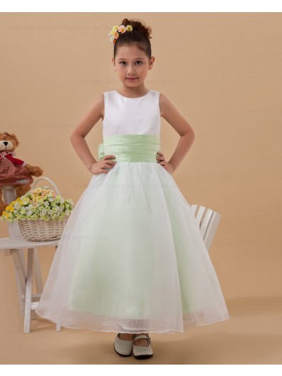 Bow White/Green A line Floor length Scoop Sleeveless Taffeta/Organza Zipper Flower Girl Dress