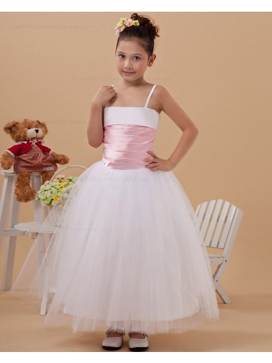 Spaghetti Straps Zipper Sleeveless White Ball Gown Floor length Ruffle Taffeta/Organza Flower Girl Dress