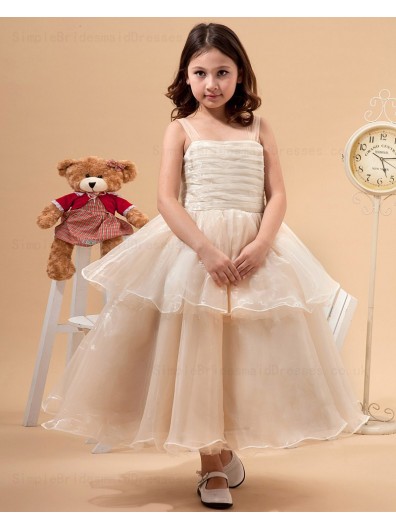 A line Spaghetti Straps Sleeveless Champagne Zipper Bow/Ruffles Tulle Ankle Length Flower Girl Dress