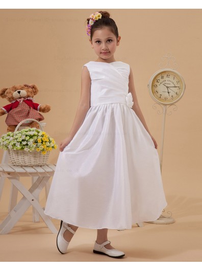 A line Zipper Hand Made Flower Ivory Scoop Ankle Length Sleeveless Taffeta Flower Girl Dress